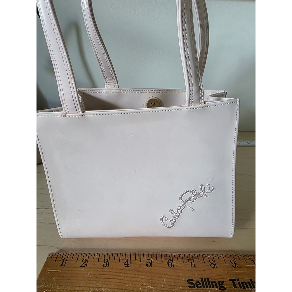 Carlos Falchi Vintage Pale Pink Patent Tote Bag Embroidered Logo Small Handbag